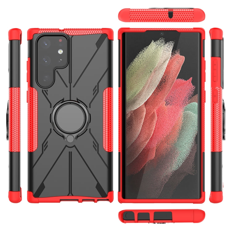 For Samsung Galaxy S22 Ultra 5G Armor Bear Shockproof PC + TPU Phone Case with Ring Holder
