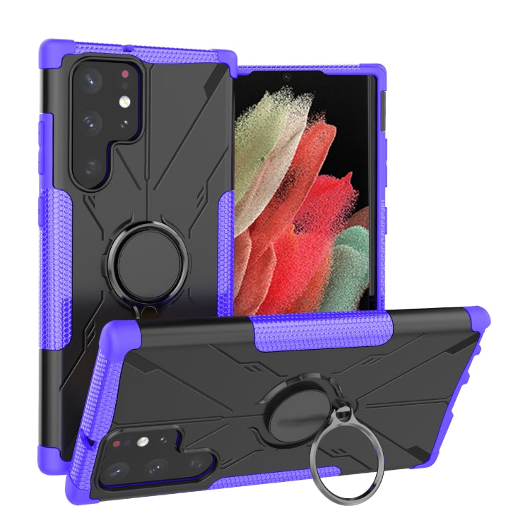 For Samsung Galaxy S22 Ultra 5G Armor Bear Shockproof PC + TPU Phone Case with Ring Holder