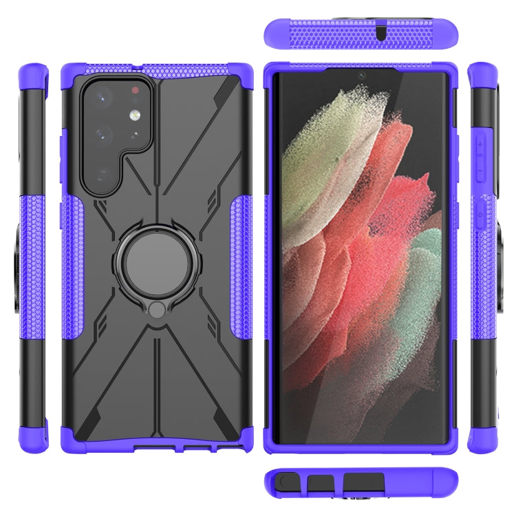 For Samsung Galaxy S22 Ultra 5G Armor Bear Shockproof PC + TPU Phone Case with Ring Holder