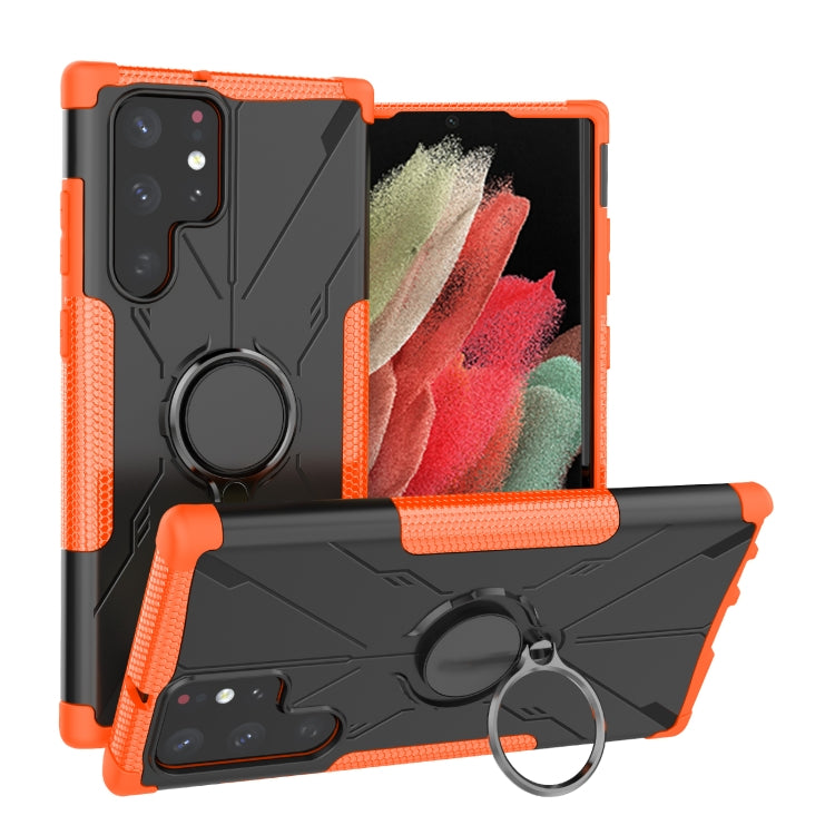 For Samsung Galaxy S22 Ultra 5G Armor Bear Shockproof PC + TPU Phone Case with Ring Holder