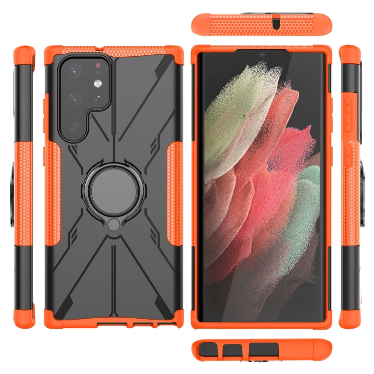 For Samsung Galaxy S22 Ultra 5G Armor Bear Shockproof PC + TPU Phone Case with Ring Holder