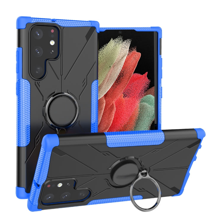 For Samsung Galaxy S22 Ultra 5G Armor Bear Shockproof PC + TPU Phone Case with Ring Holder