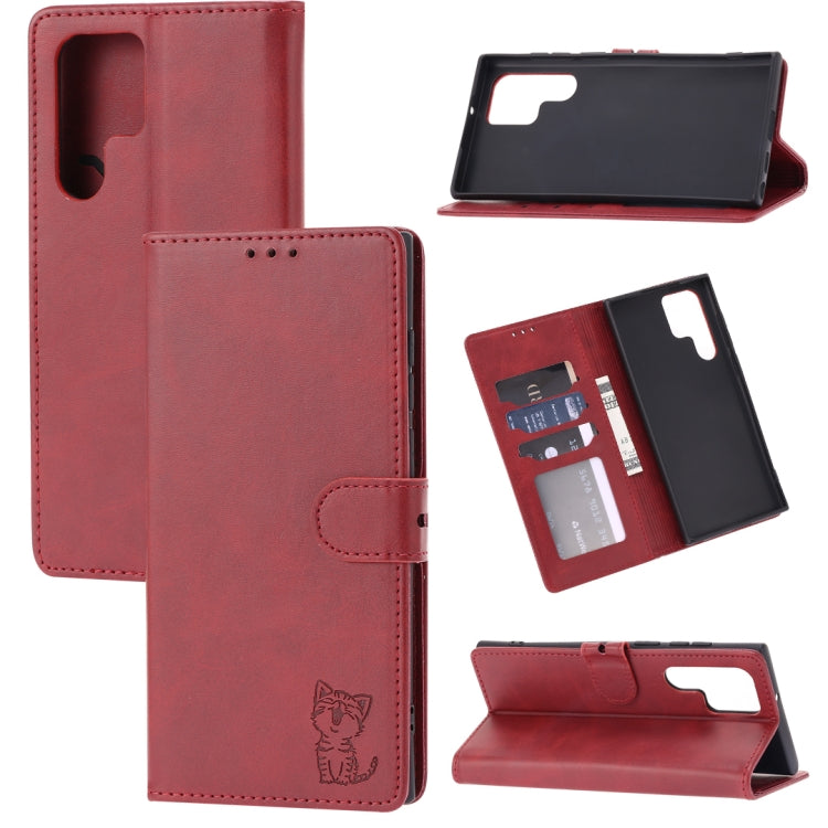 For Samsung Galaxy S22 Ultra 5G Embossed Happy Cat Pattern Leather Phone Case