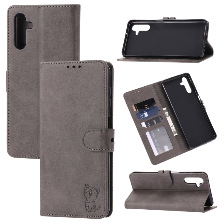 For Samsung Galaxy A13 5G Embossed Happy Cat Pattern Leather Phone Case