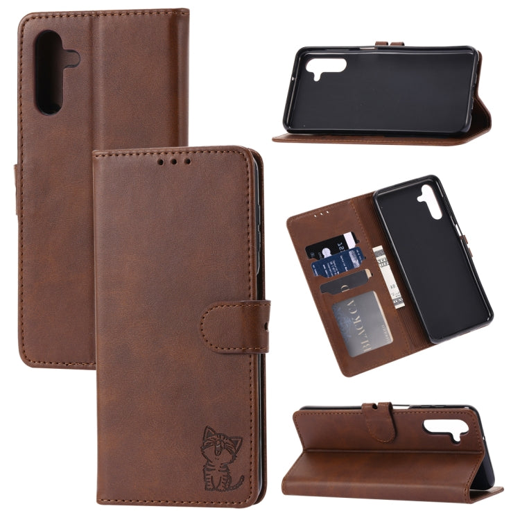For Samsung Galaxy A13 5G Embossed Happy Cat Pattern Leather Phone Case