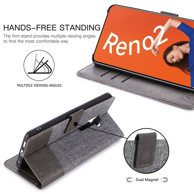 For OPPO Reno2 MUMXA MX102 Horizontal Flip Canvas Stitching Leather Case with Holder & Card Slots & Wallet(Grey)