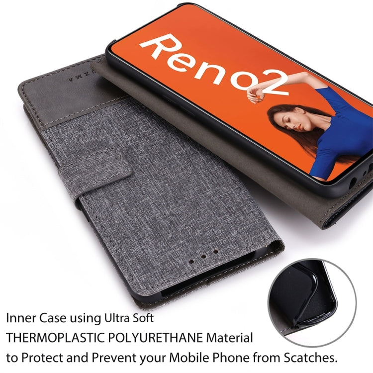 For OPPO Reno2 MUMXA MX102 Horizontal Flip Canvas Stitching Leather Case with Holder & Card Slots & Wallet(Grey)