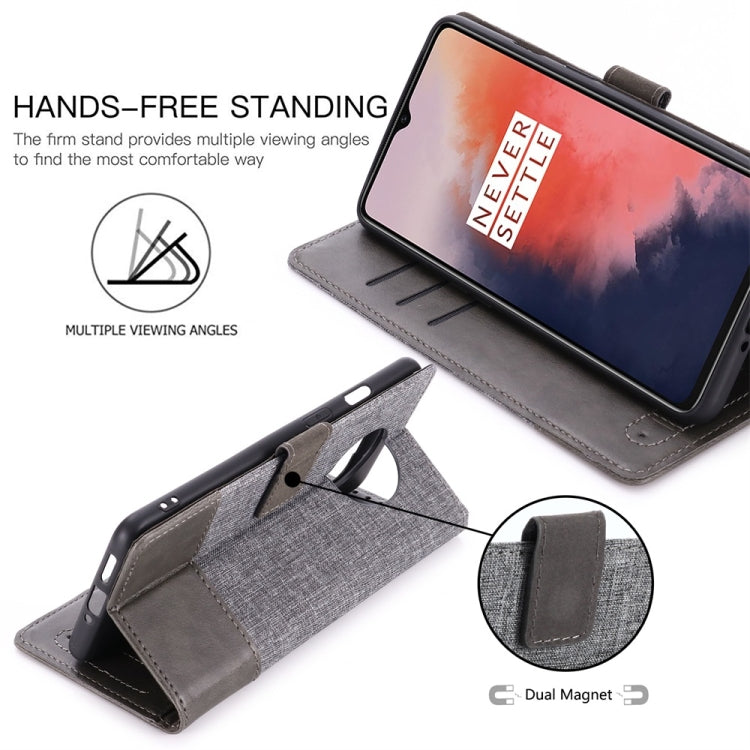 For OnePlus 7T MUMXA MX102 Horizontal Flip Canvas Stitching Leather Case with Holder & Card Slots & Wallet(Grey)