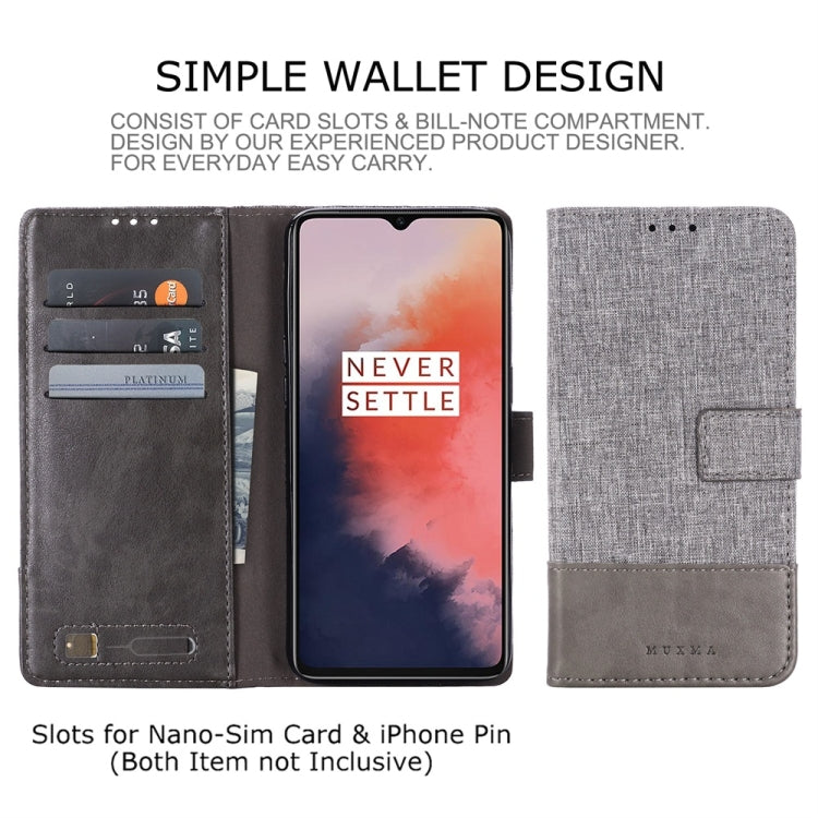 For OnePlus 7T MUMXA MX102 Horizontal Flip Canvas Stitching Leather Case with Holder & Card Slots & Wallet(Grey)