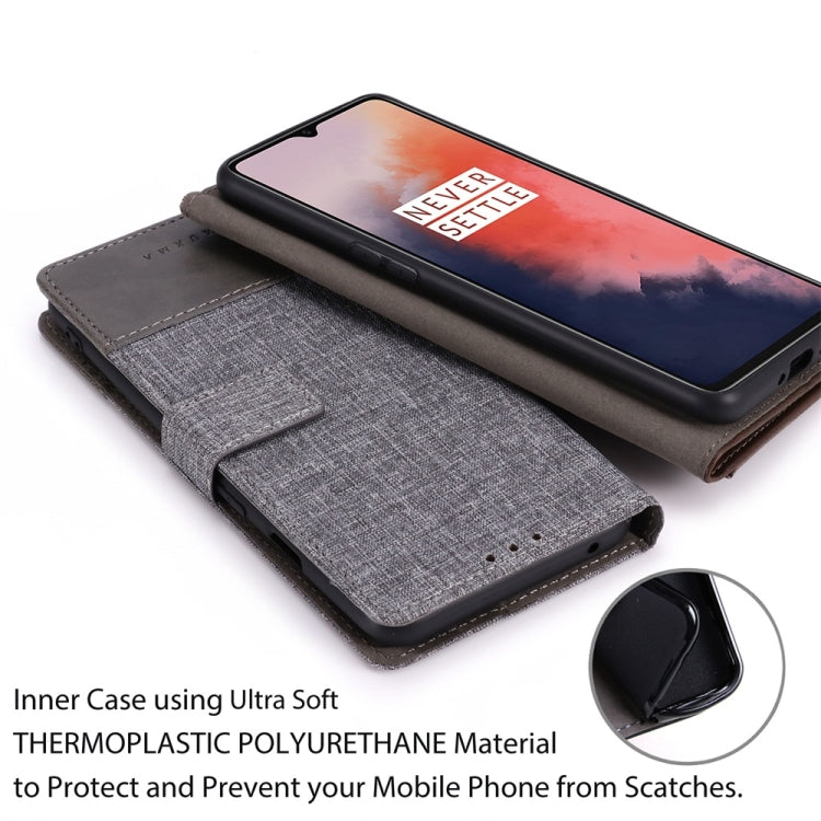 For OnePlus 7T MUMXA MX102 Horizontal Flip Canvas Stitching Leather Case with Holder & Card Slots & Wallet(Grey)