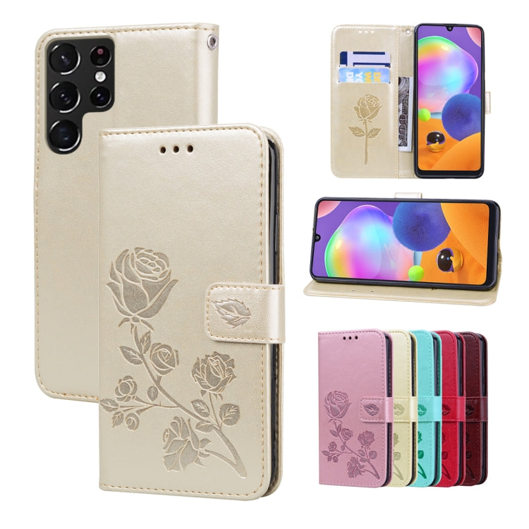 For Samsung Galaxy S22 Ultra 5G Rose Embossed Leather Phone Case