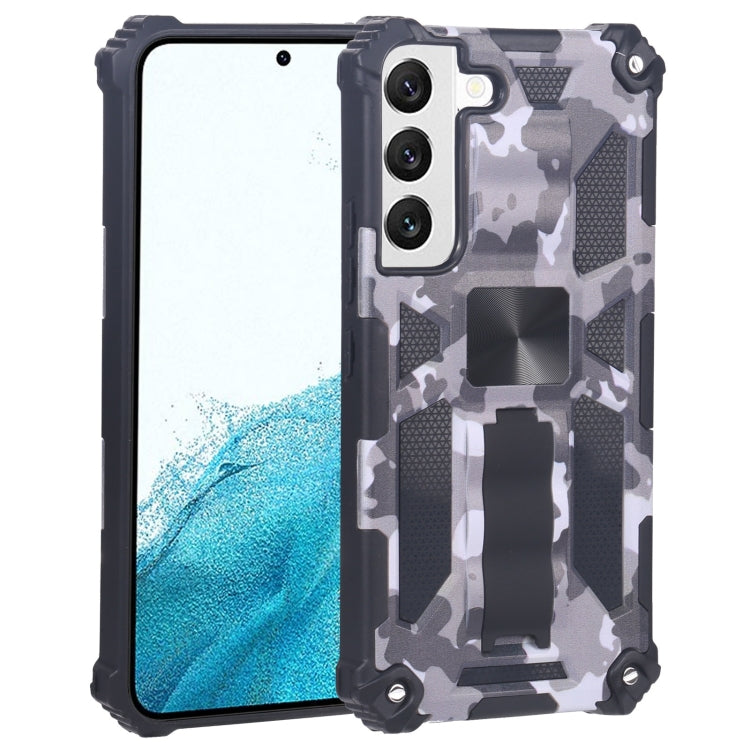 For Samsung Galaxy S22 5G Camouflage Armor Kickstand TPU + PC Magnetic Phone Case (Grey)