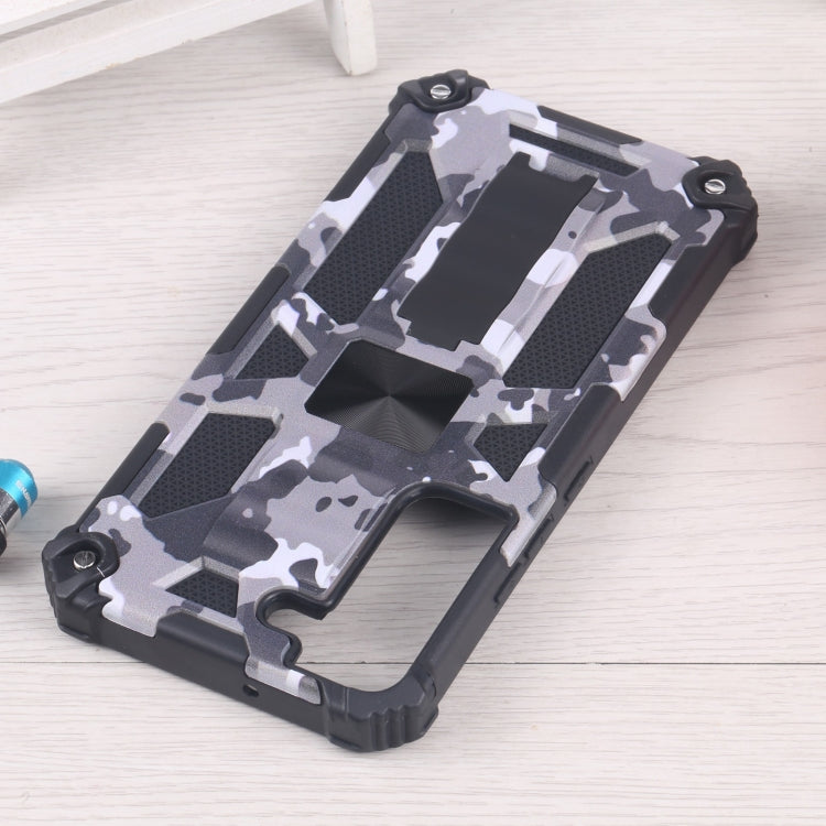 For Samsung Galaxy S22 5G Camouflage Armor Kickstand TPU + PC Magnetic Phone Case (Grey)