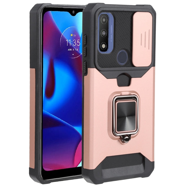 For Motorola Moto G Pure Sliding Camera Cover Design PC + TPU Shockproof Phone Case with Ring Holder & Card Slot