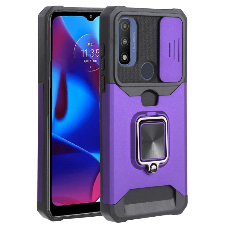 For Motorola Moto G Pure Sliding Camera Cover Design PC + TPU Shockproof Phone Case with Ring Holder & Card Slot