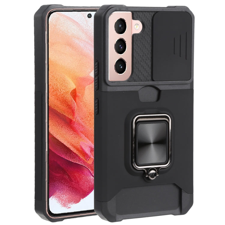 For Samsung Galaxy S22 5G Sliding Camera Cover Design PC + TPU Shockproof Phone Case with Ring Holder & Card Slot