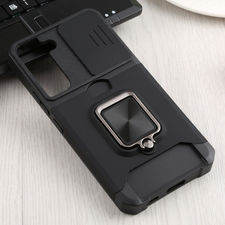 For Samsung Galaxy S22 5G Sliding Camera Cover Design PC + TPU Shockproof Phone Case with Ring Holder & Card Slot