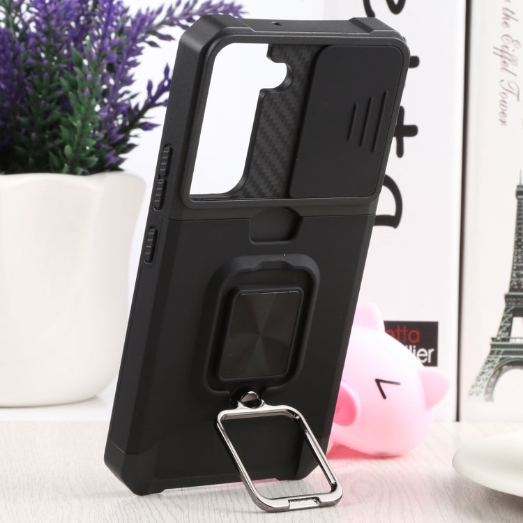 For Samsung Galaxy S22 5G Sliding Camera Cover Design PC + TPU Shockproof Phone Case with Ring Holder & Card Slot