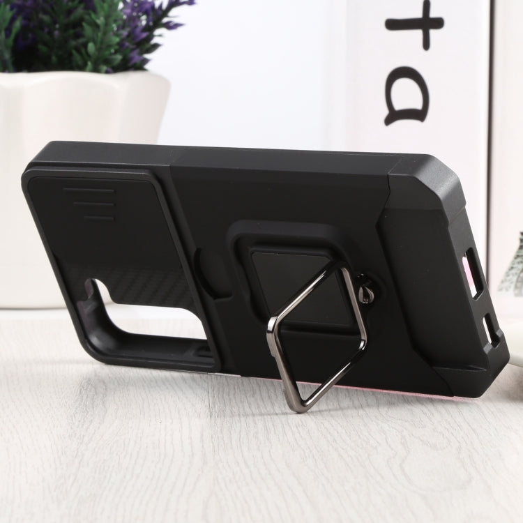 For Samsung Galaxy S22 5G Sliding Camera Cover Design PC + TPU Shockproof Phone Case with Ring Holder & Card Slot