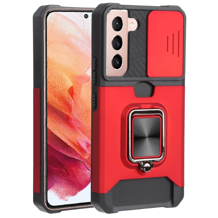 For Samsung Galaxy S22 5G Sliding Camera Cover Design PC + TPU Shockproof Phone Case with Ring Holder & Card Slot