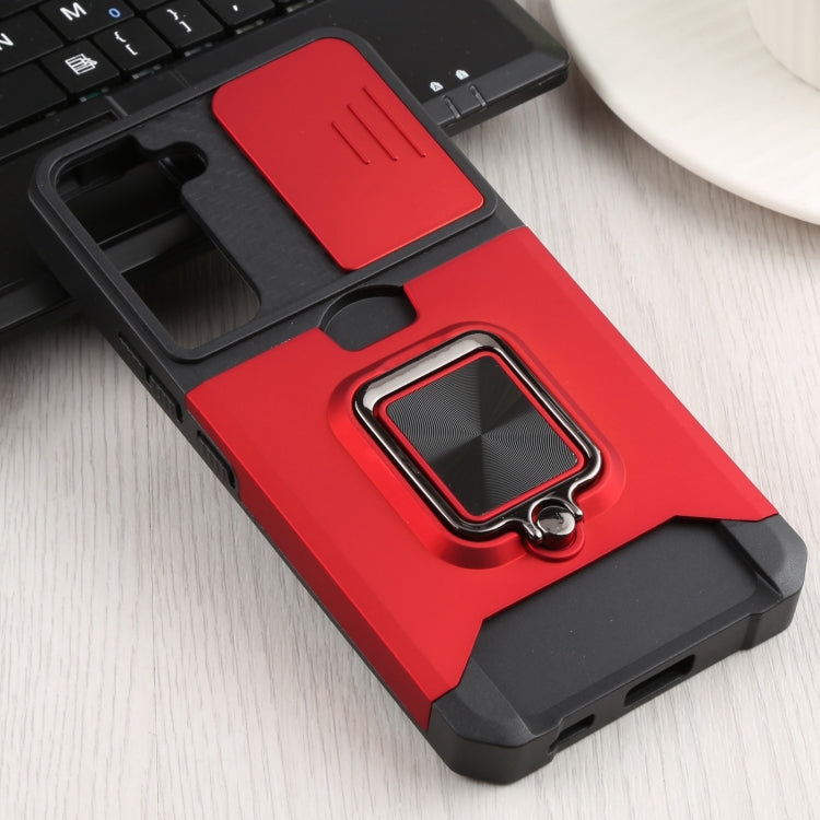 For Samsung Galaxy S22 5G Sliding Camera Cover Design PC + TPU Shockproof Phone Case with Ring Holder & Card Slot