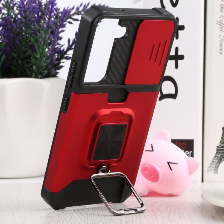 For Samsung Galaxy S22 5G Sliding Camera Cover Design PC + TPU Shockproof Phone Case with Ring Holder & Card Slot