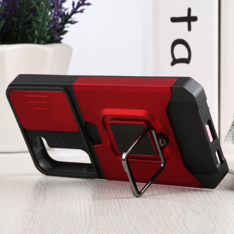 For Samsung Galaxy S22 5G Sliding Camera Cover Design PC + TPU Shockproof Phone Case with Ring Holder & Card Slot