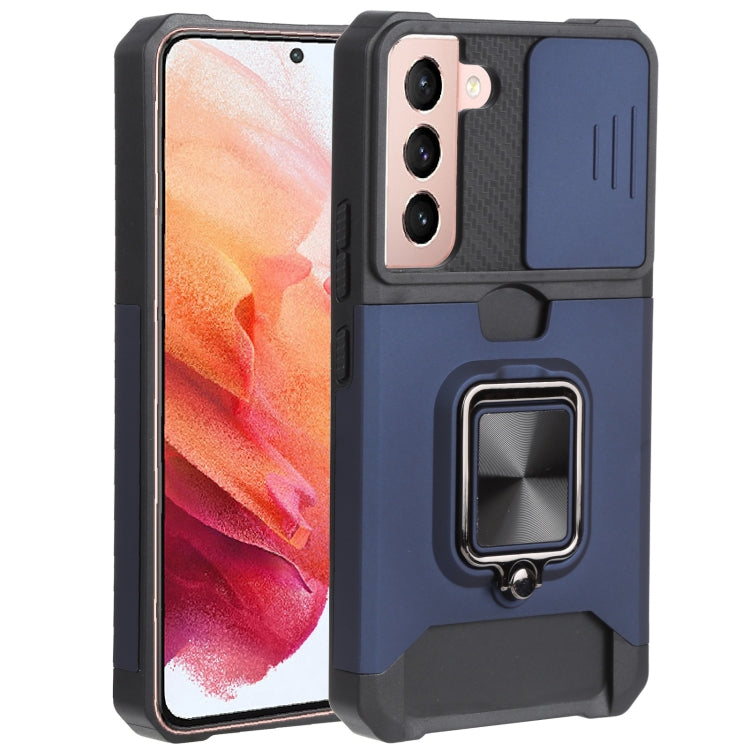 For Samsung Galaxy S22 5G Sliding Camera Cover Design PC + TPU Shockproof Phone Case with Ring Holder & Card Slot