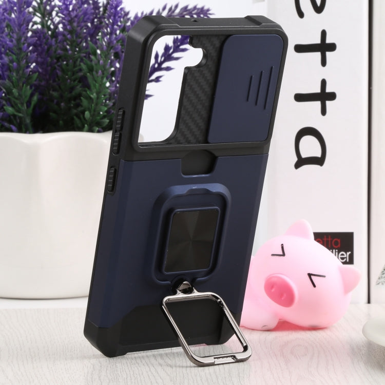 For Samsung Galaxy S22 5G Sliding Camera Cover Design PC + TPU Shockproof Phone Case with Ring Holder & Card Slot