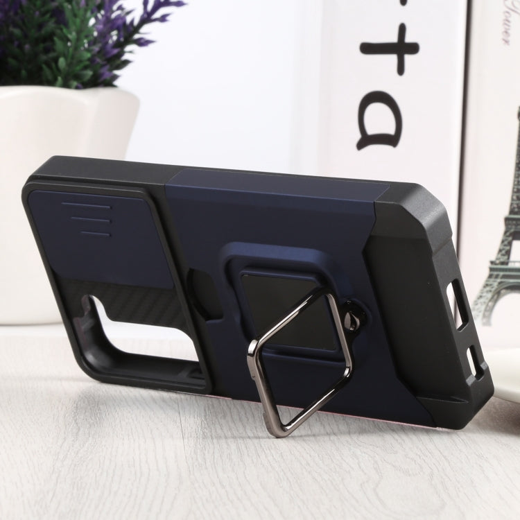For Samsung Galaxy S22 5G Sliding Camera Cover Design PC + TPU Shockproof Phone Case with Ring Holder & Card Slot