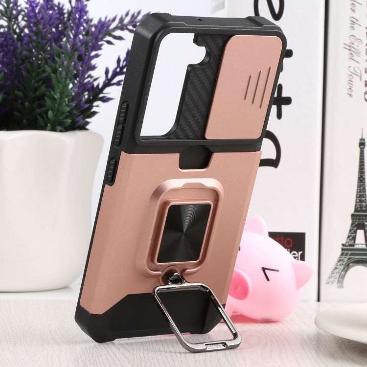 For Samsung Galaxy S22 5G Sliding Camera Cover Design PC + TPU Shockproof Phone Case with Ring Holder & Card Slot