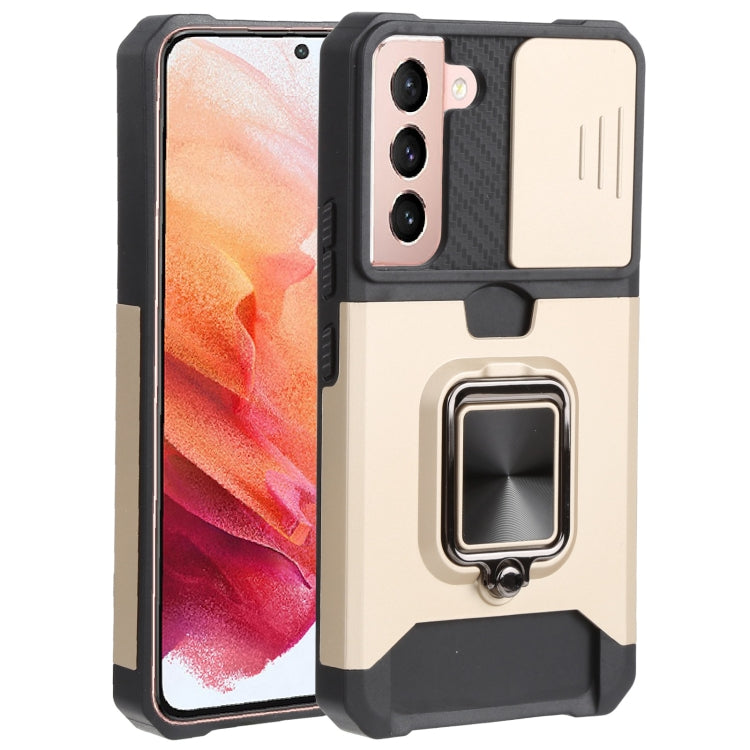 For Samsung Galaxy S22 5G Sliding Camera Cover Design PC + TPU Shockproof Phone Case with Ring Holder & Card Slot