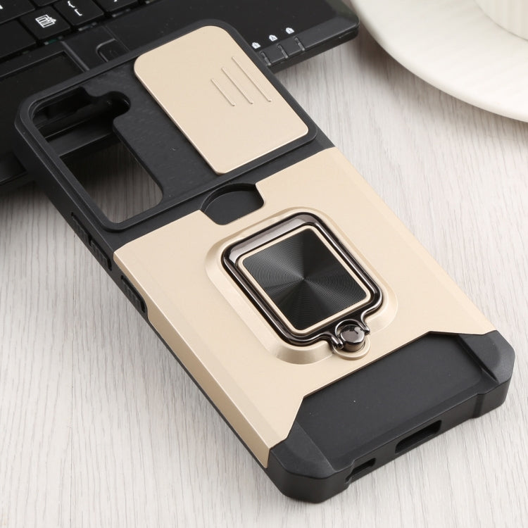 For Samsung Galaxy S22 5G Sliding Camera Cover Design PC + TPU Shockproof Phone Case with Ring Holder & Card Slot