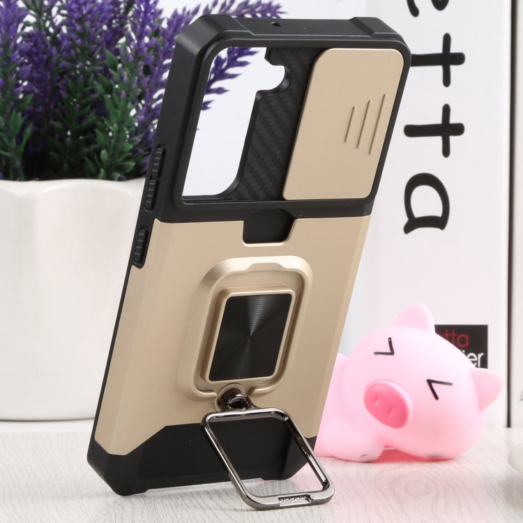 For Samsung Galaxy S22 5G Sliding Camera Cover Design PC + TPU Shockproof Phone Case with Ring Holder & Card Slot