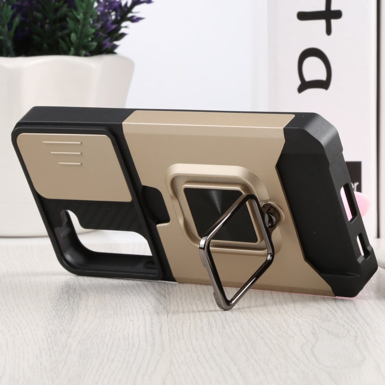 For Samsung Galaxy S22 5G Sliding Camera Cover Design PC + TPU Shockproof Phone Case with Ring Holder & Card Slot
