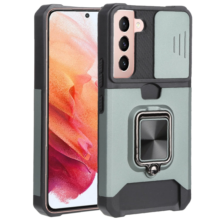 For Samsung Galaxy S22 5G Sliding Camera Cover Design PC + TPU Shockproof Phone Case with Ring Holder & Card Slot