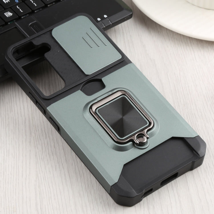 For Samsung Galaxy S22 5G Sliding Camera Cover Design PC + TPU Shockproof Phone Case with Ring Holder & Card Slot