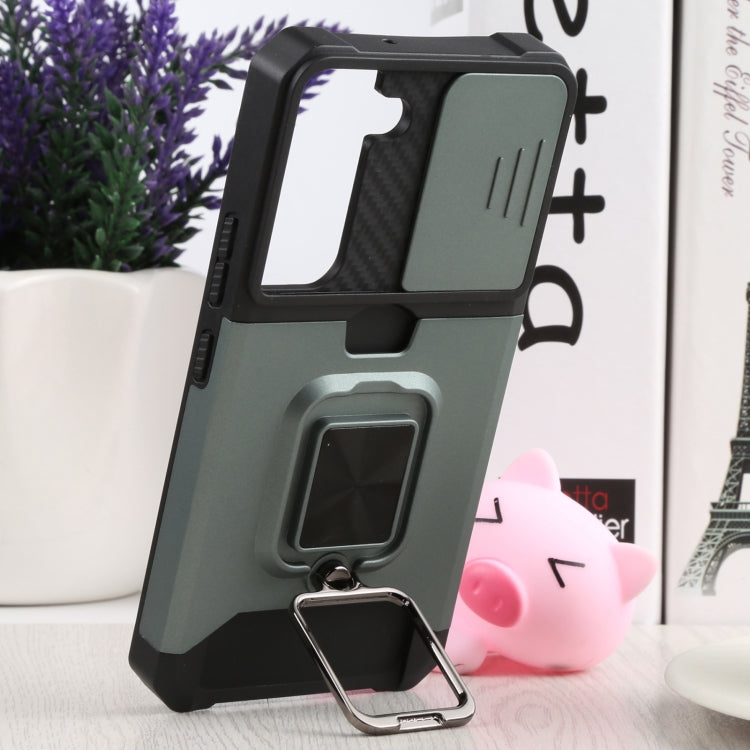 For Samsung Galaxy S22 5G Sliding Camera Cover Design PC + TPU Shockproof Phone Case with Ring Holder & Card Slot