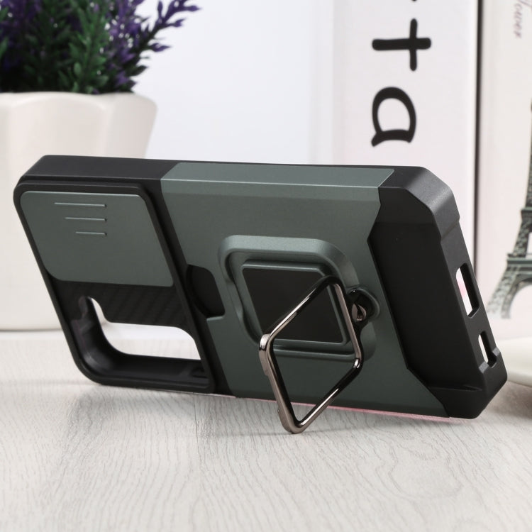 For Samsung Galaxy S22 5G Sliding Camera Cover Design PC + TPU Shockproof Phone Case with Ring Holder & Card Slot