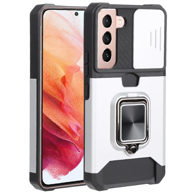 For Samsung Galaxy S22 5G Sliding Camera Cover Design PC + TPU Shockproof Phone Case with Ring Holder & Card Slot