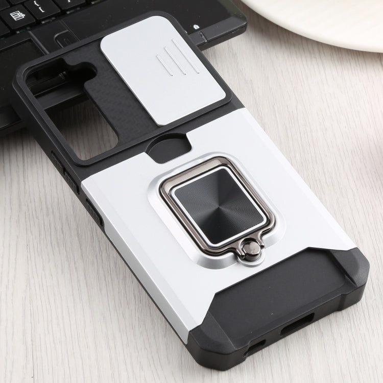 For Samsung Galaxy S22 5G Sliding Camera Cover Design PC + TPU Shockproof Phone Case with Ring Holder & Card Slot