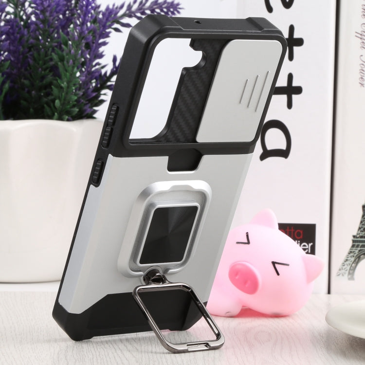 For Samsung Galaxy S22 5G Sliding Camera Cover Design PC + TPU Shockproof Phone Case with Ring Holder & Card Slot
