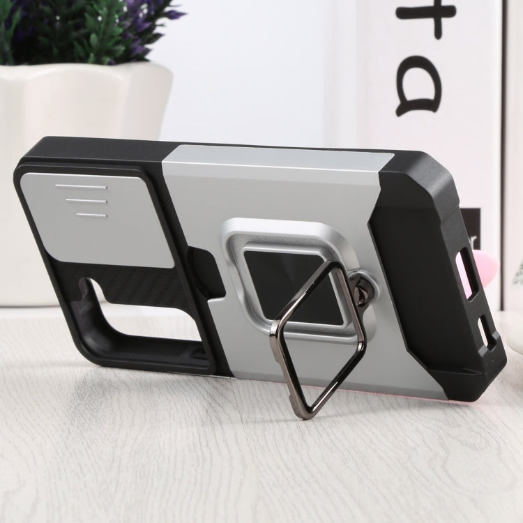 For Samsung Galaxy S22 5G Sliding Camera Cover Design PC + TPU Shockproof Phone Case with Ring Holder & Card Slot