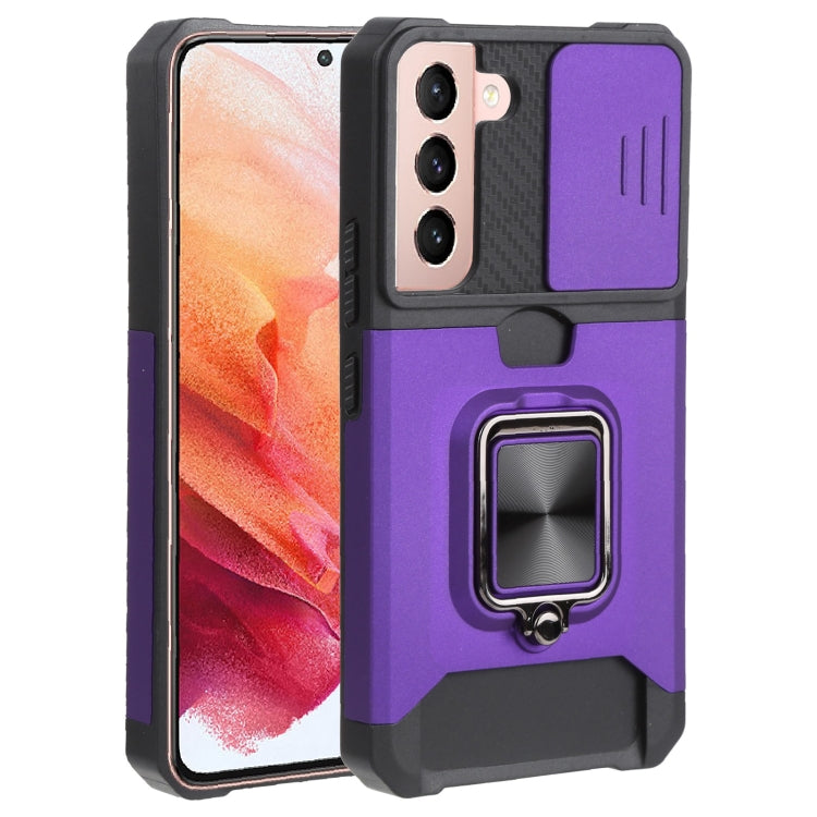For Samsung Galaxy S22 5G Sliding Camera Cover Design PC + TPU Shockproof Phone Case with Ring Holder & Card Slot