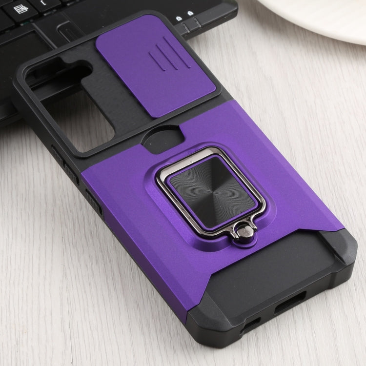 For Samsung Galaxy S22 5G Sliding Camera Cover Design PC + TPU Shockproof Phone Case with Ring Holder & Card Slot
