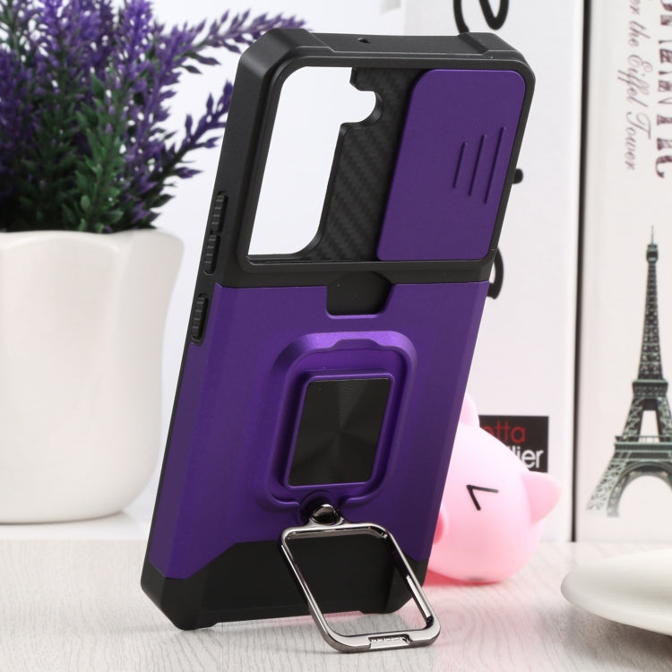 For Samsung Galaxy S22 5G Sliding Camera Cover Design PC + TPU Shockproof Phone Case with Ring Holder & Card Slot