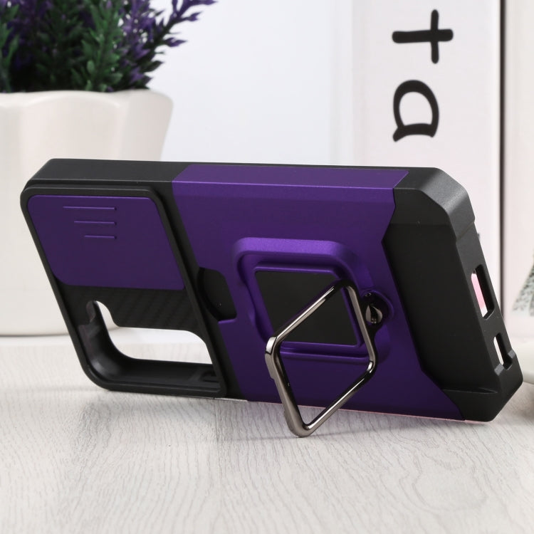 For Samsung Galaxy S22 5G Sliding Camera Cover Design PC + TPU Shockproof Phone Case with Ring Holder & Card Slot