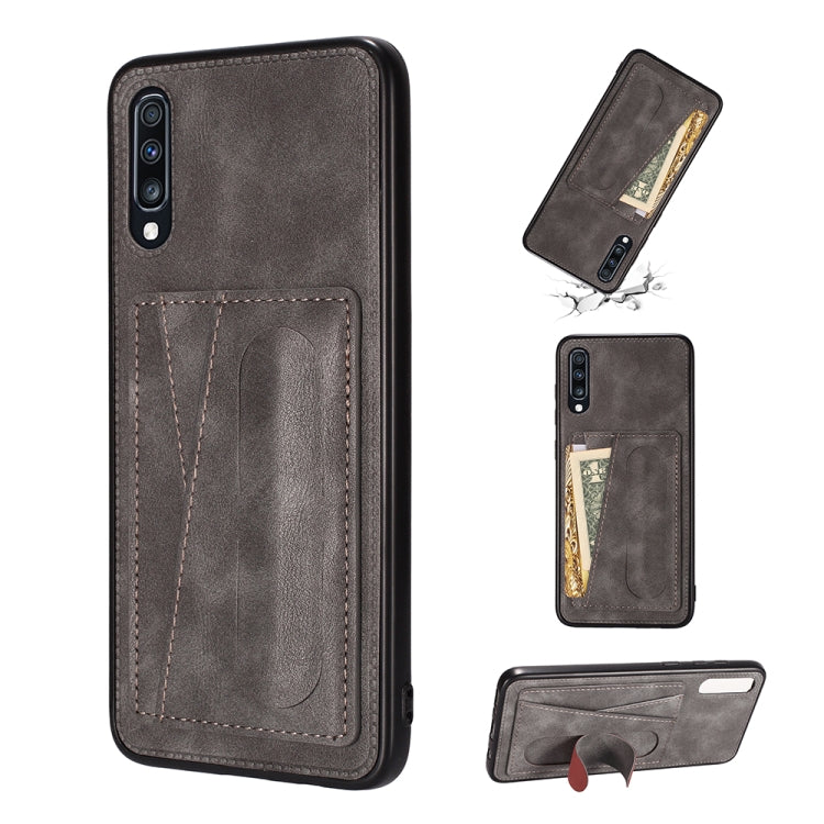For Galaxy A50S Shockproof PC + PU Protective Case with Spring Holder & Card Slot