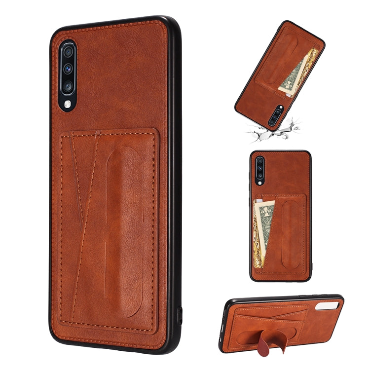 For Galaxy A50S Shockproof PC + PU Protective Case with Spring Holder & Card Slot
