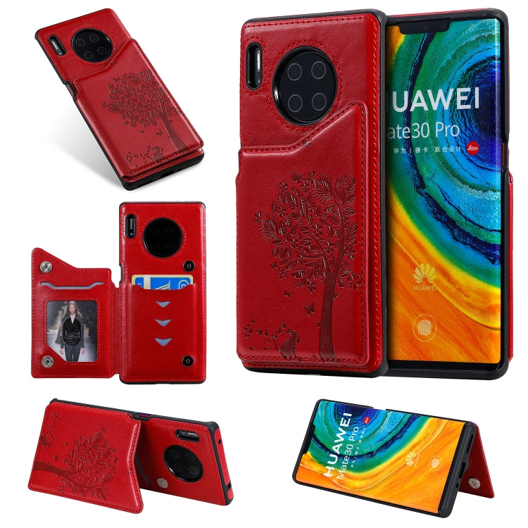 For Huawei Mate30 Pro Cat Tree Embossing Pattern Shockproof Protective Case with Card Slots & Photo Frame